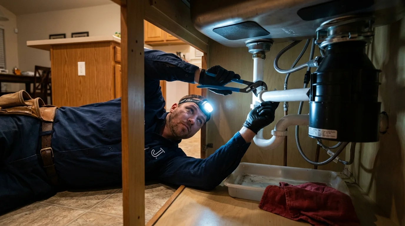 P-trap and supply line connections under a kitchen sink showing a common leak point in Batesburg, SC